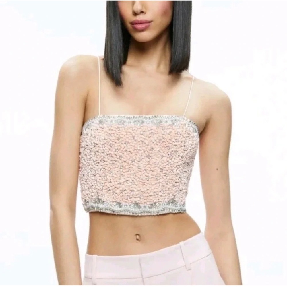 Alice + Olivia Ceresi Pink Beaded Crystal Wove Embellished Crop Top Size 0